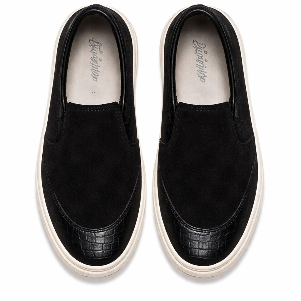 Black Suede SlipOn Shoes with OffWhite Sole